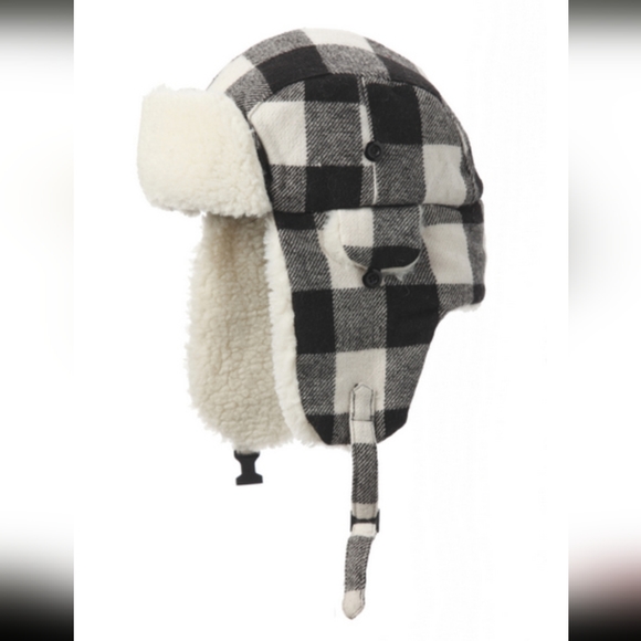Unisex Nathanial Cole by Crown Cap Black and White Buffalo Check Aviator Cap - Picture 1 of 12